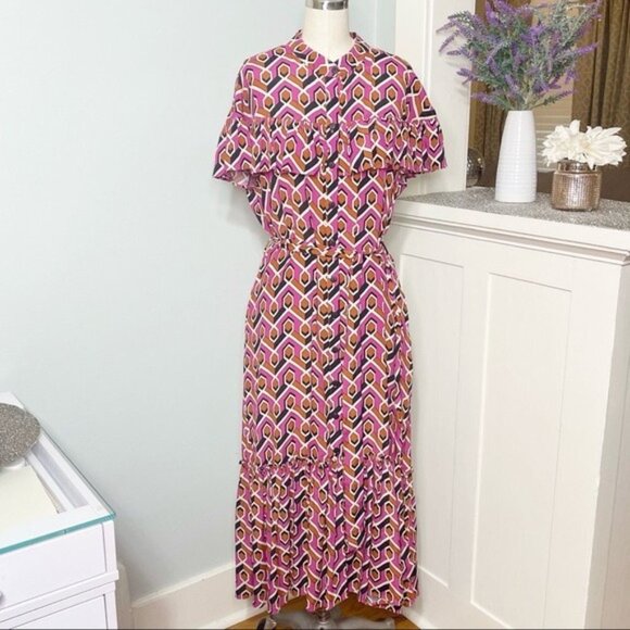 Anthropologie Corey Lynn Calter Annabel Pink Ruffle Shirt Dress Maxi Small - Picture 14 of 15